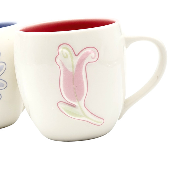 Two Starbucks 2006 Pink Tulip Purple Daisy Dimensional Floral 14oz Coffee Mugs - Picture 2 of 7